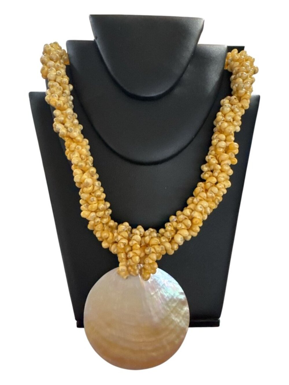 Yellow Beaded Braided Necklace with Large Shell Pendant, Boho Beach Statement Je